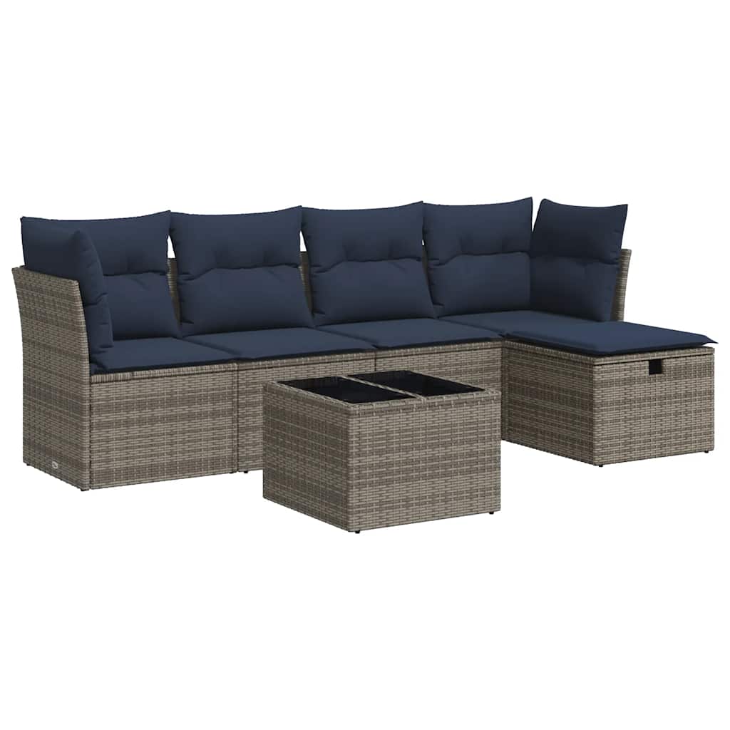 6-tlg. Garten-Sofagarnitur mit Kissen Grau Poly Rattan
