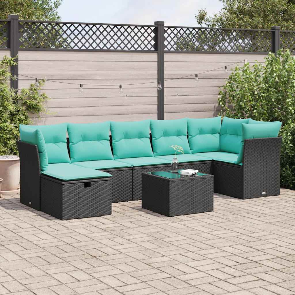 8-tlg. Garten-Sofagarnitur mit Kissen Schwarz Poly Rattan