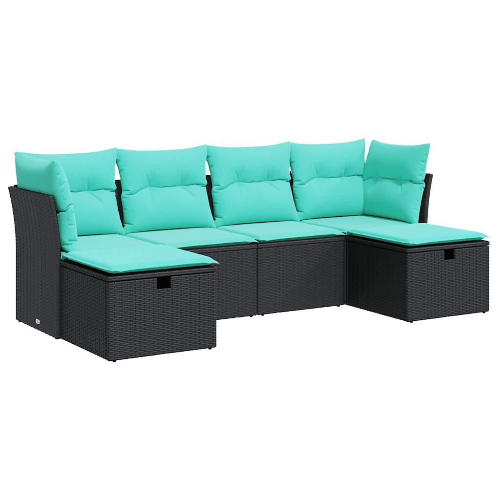 6-tlg. Garten-Sofagarnitur mit Kissen Schwarz Poly Rattan