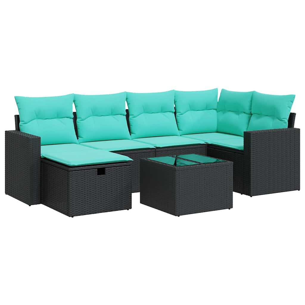 7-tlg. Garten-Sofagarnitur mit Kissen Schwarz Poly Rattan