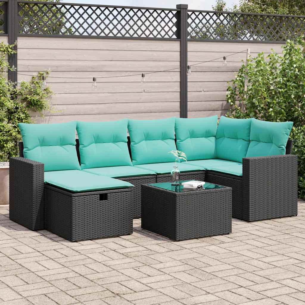 7-tlg. Garten-Sofagarnitur mit Kissen Schwarz Poly Rattan