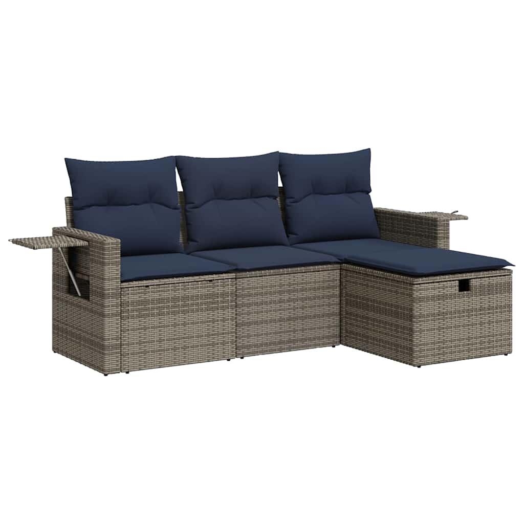 4-tlg. Garten-Sofagarnitur mit Kissen Grau Poly Rattan