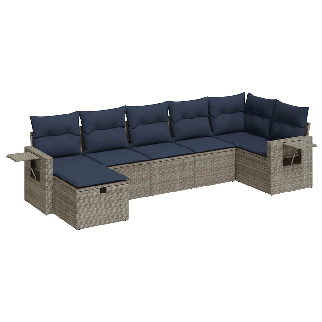 7-tlg. Garten-Sofagarnitur mit Kissen Grau Poly Rattan