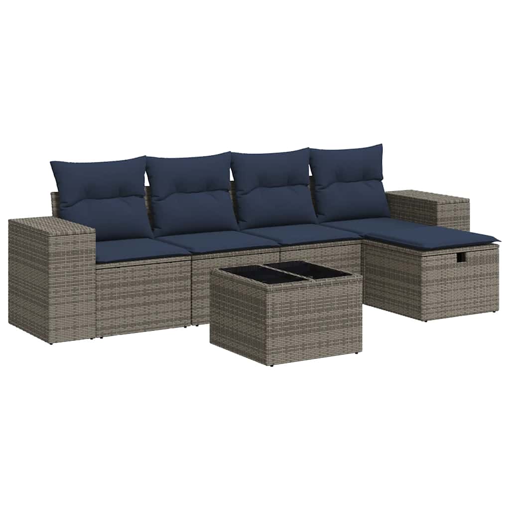 6-tlg. Garten-Sofagarnitur mit Kissen Grau Poly Rattan