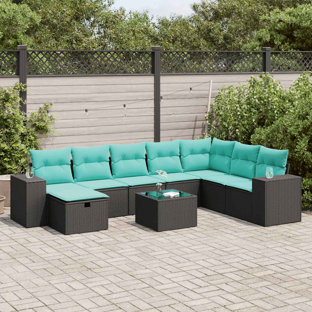 9-tlg. Garten-Sofagarnitur mit Kissen Schwarz Poly Rattan