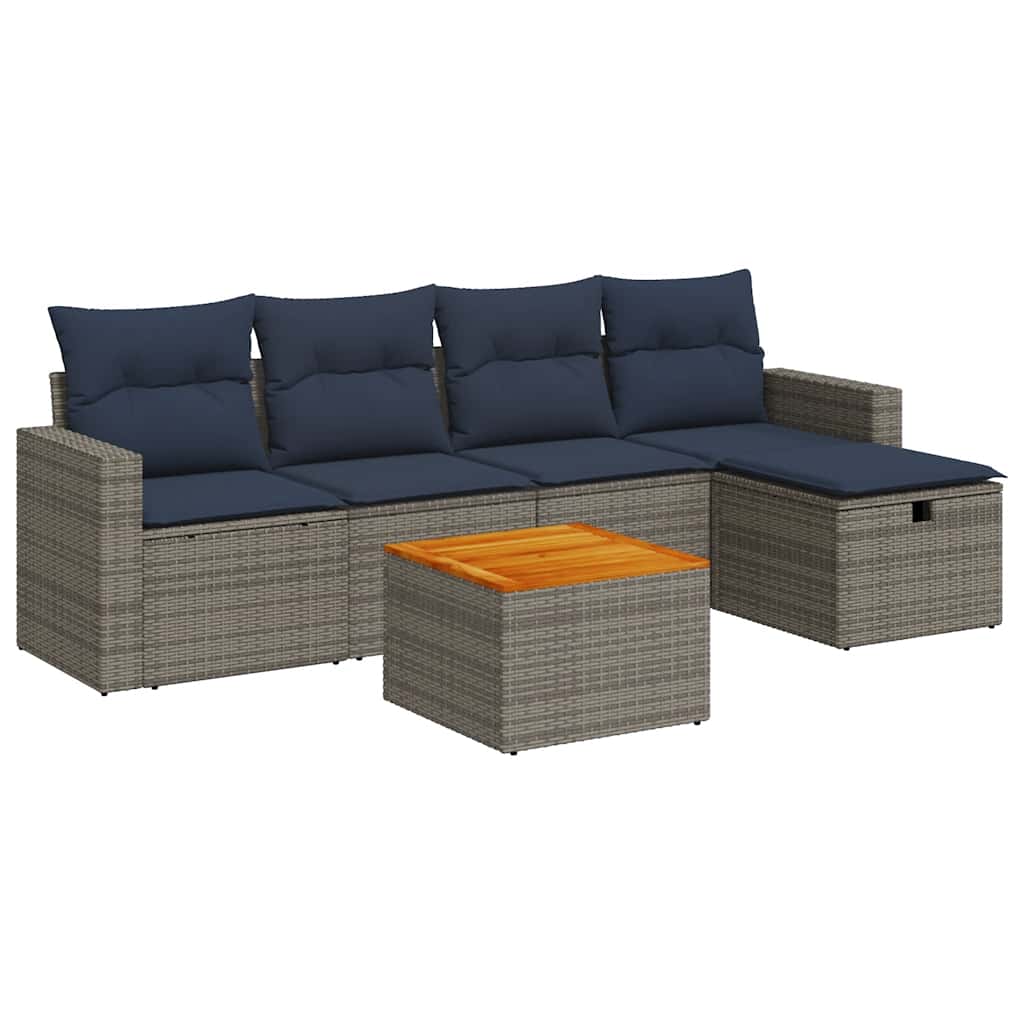 6-tlg. Garten-Sofagarnitur mit Kissen Grau Poly Rattan