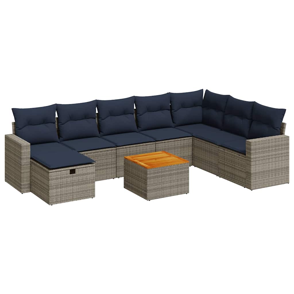 9-tlg. Garten-Sofagarnitur mit Kissen Grau Poly Rattan