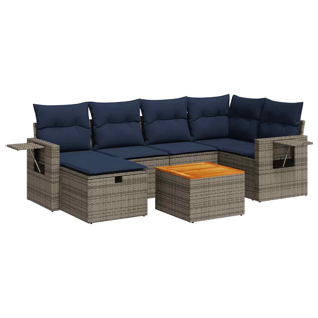 7-tlg. Garten-Sofagarnitur mit Kissen Grau Poly Rattan