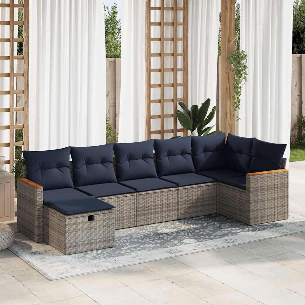7-tlg. Garten-Sofagarnitur mit Kissen Grau Poly Rattan