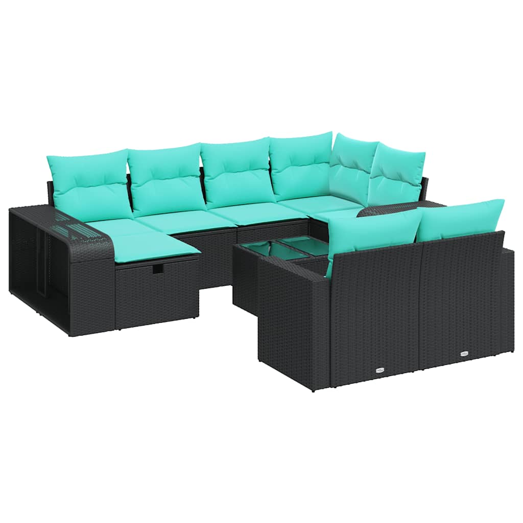11-tlg. Garten-Sofagarnitur mit Kissen Schwarz Poly Rattan