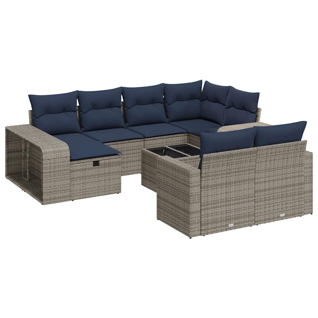 11-tlg. Garten-Sofagarnitur mit Kissen Grau Poly Rattan