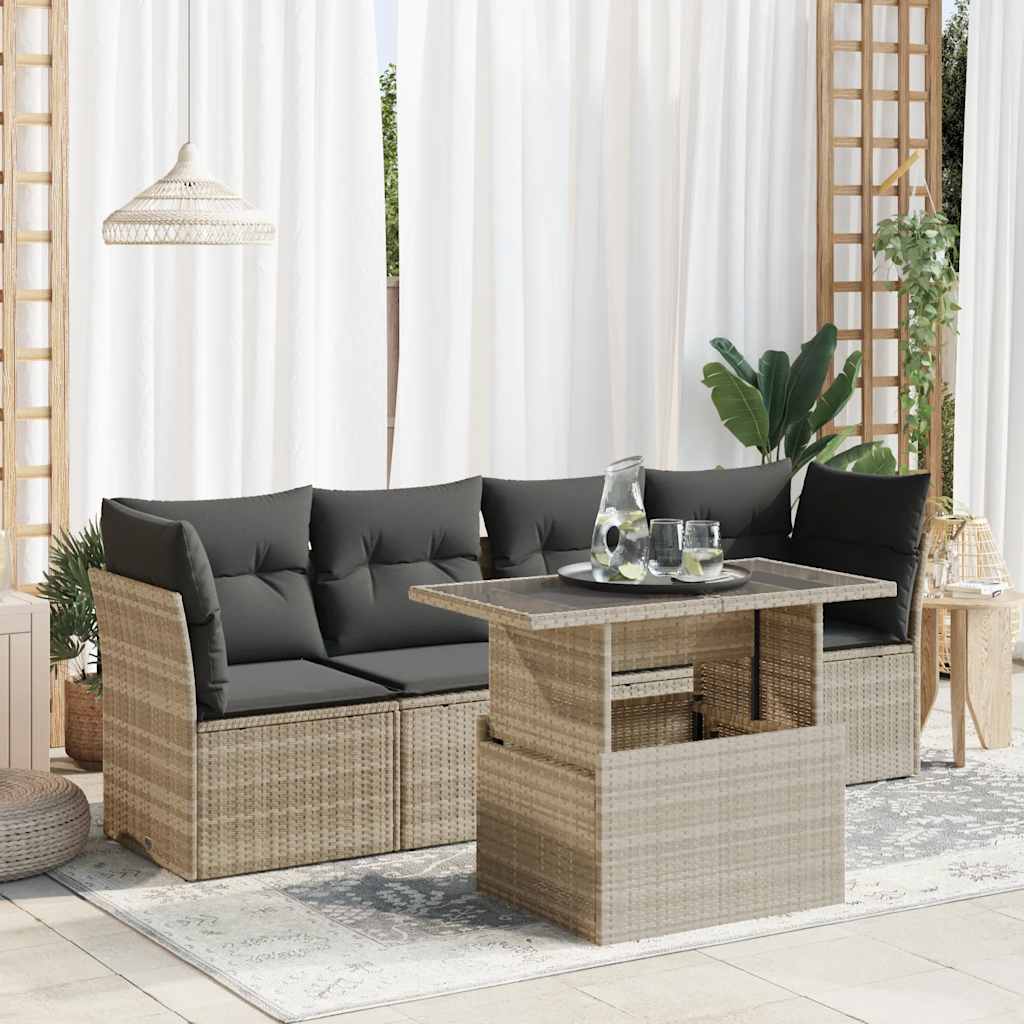 5-tlg. Garten-Sofagarnitur mit Kissen Hellgrau Poly Rattan