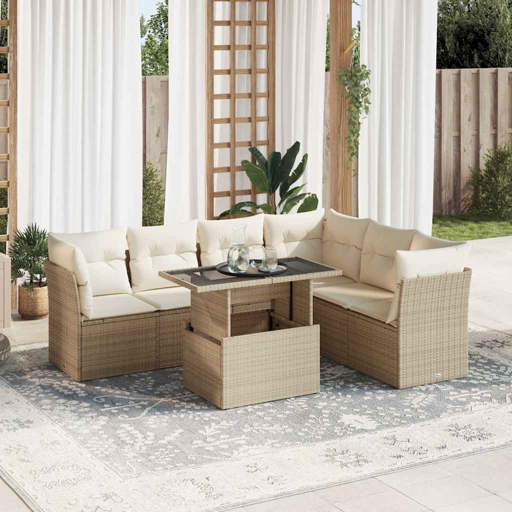 7-tlg. Garten-Sofagarnitur mit Kissen Beige Poly Rattan