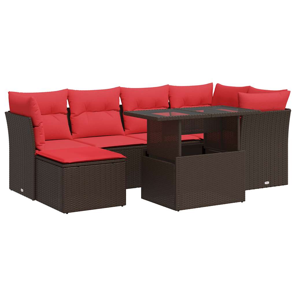 7-tlg. Garten-Sofagarnitur mit Kissen Braun Poly Rattan Akazie