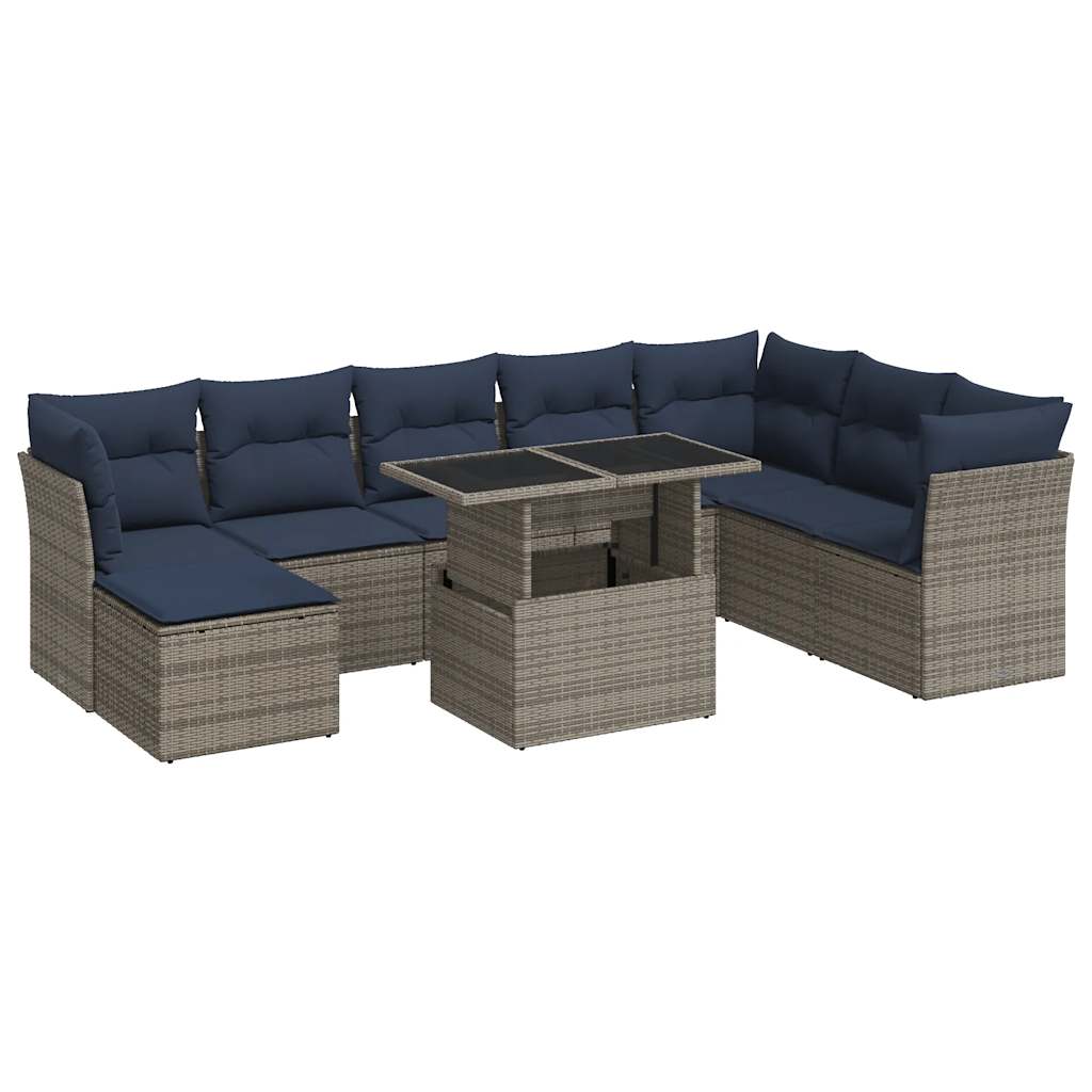 9-tlg. Garten-Sofagarnitur mit Kissen Grau Poly Rattan Akazie