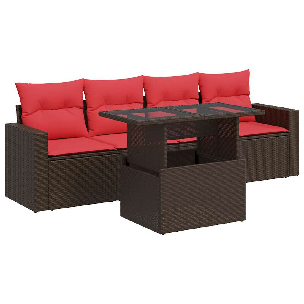 5-tlg. Garten-Sofagarnitur mit Kissen Braun Poly Rattan Akazie