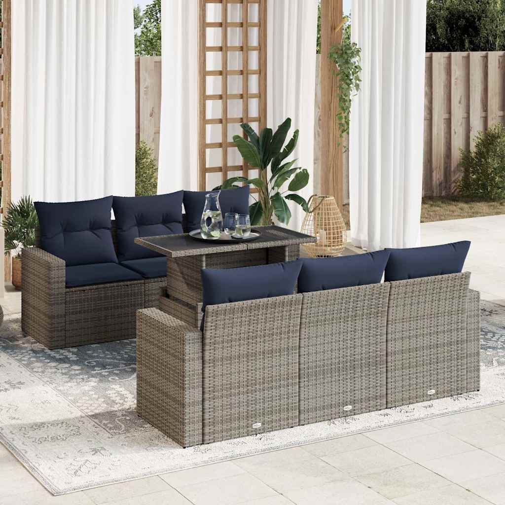 7-tlg. Garten-Sofagarnitur mit Kissen Grau Poly Rattan Akazie