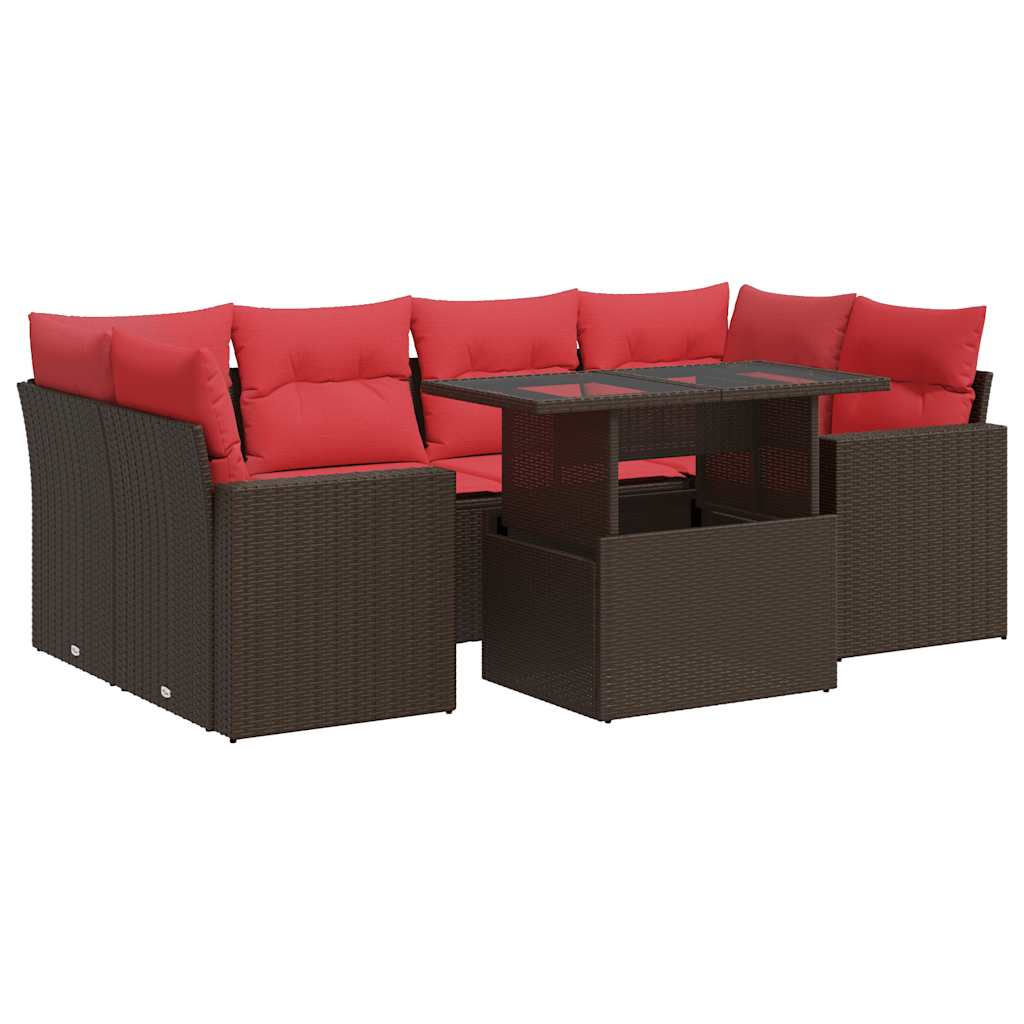 7-tlg. Garten-Sofagarnitur mit Kissen Braun Poly Rattan Akazie