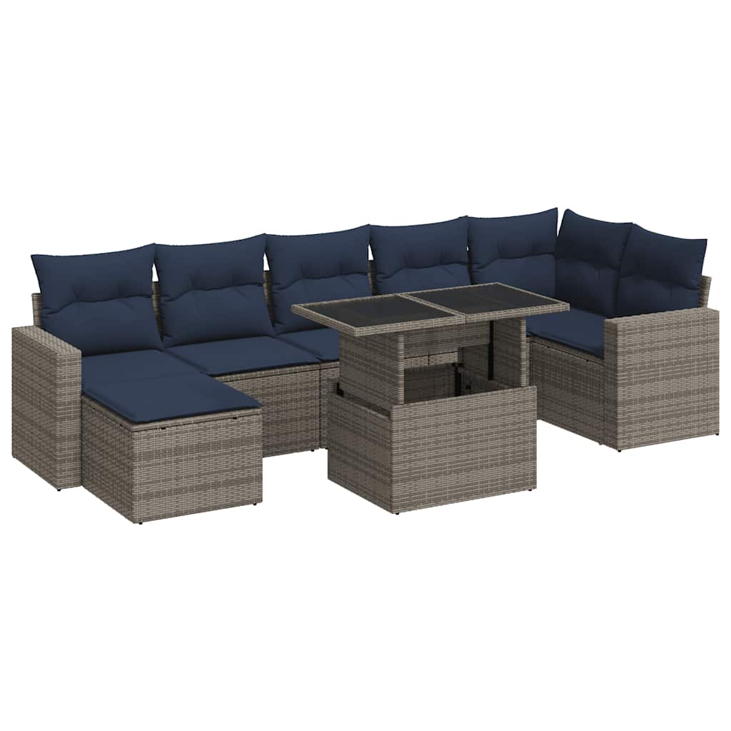 8-tlg. Garten-Sofagarnitur mit Kissen Grau Poly Rattan Akazie