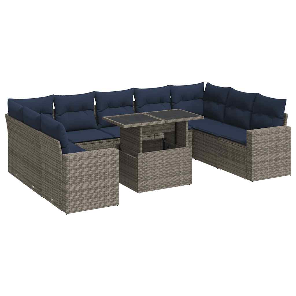 10-tlg. Garten-Sofagarnitur mit Kissen Grau Poly Rattan Akazie