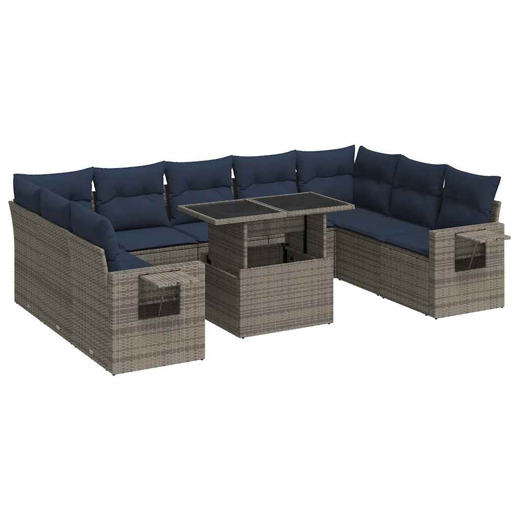 10-tlg. Garten-Sofagarnitur mit Kissen Grau Poly Rattan Akazie