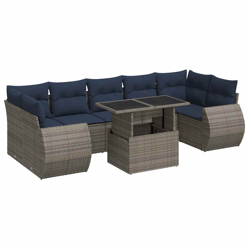 8-tlg. Garten-Sofagarnitur mit Kissen Grau Poly Rattan Akazie