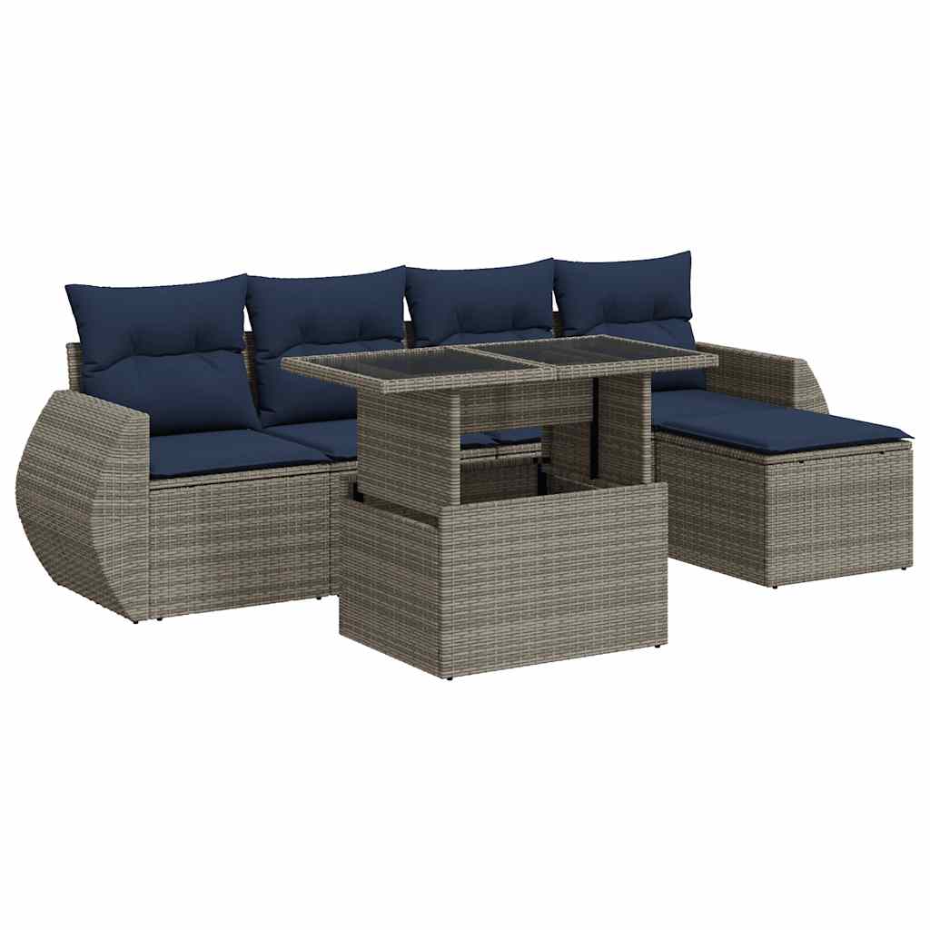 6-tlg. Garten-Sofagarnitur mit Kissen Grau Poly Rattan Akazie
