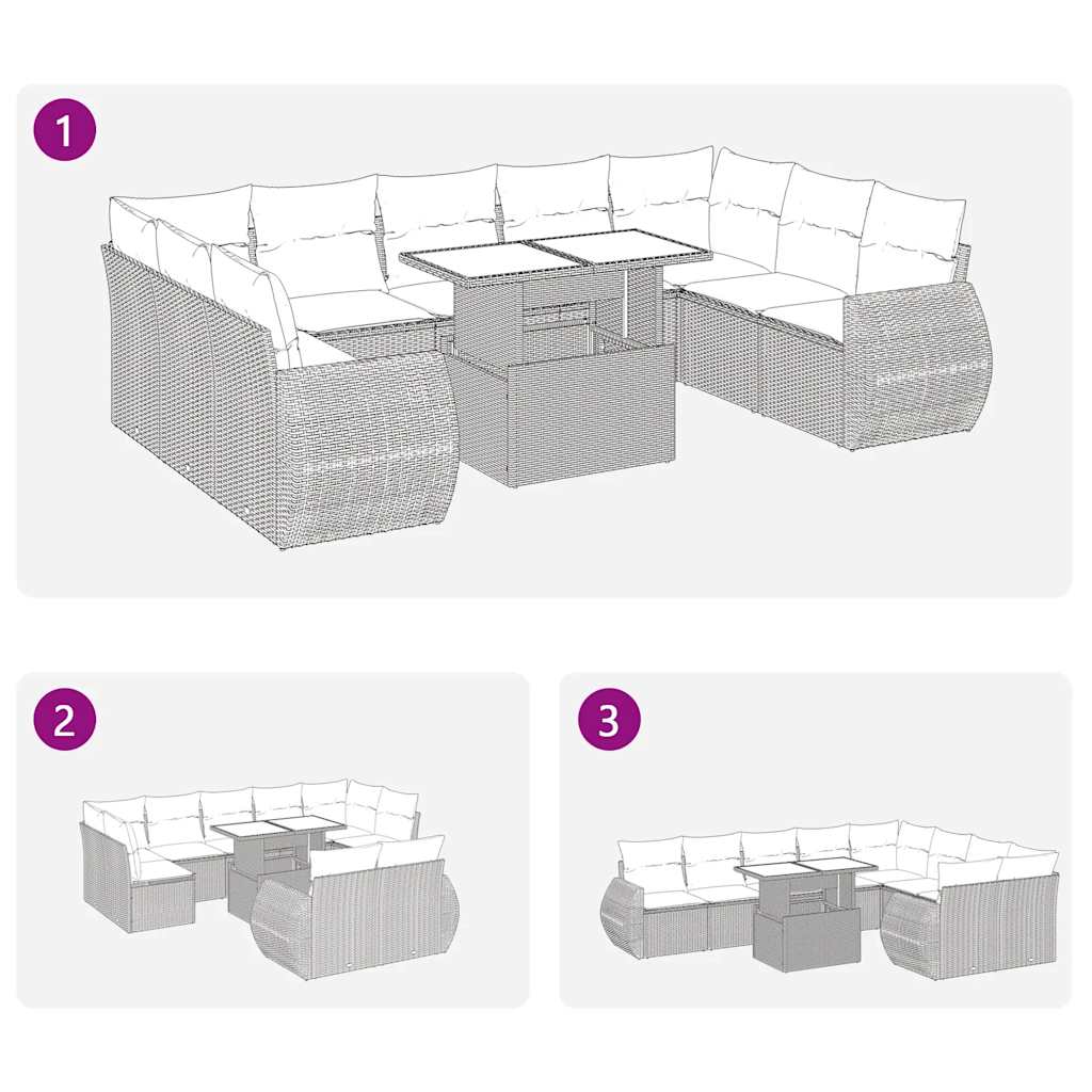 10-tlg. Garten-Sofagarnitur mit Kissen Grau Poly Rattan Akazie