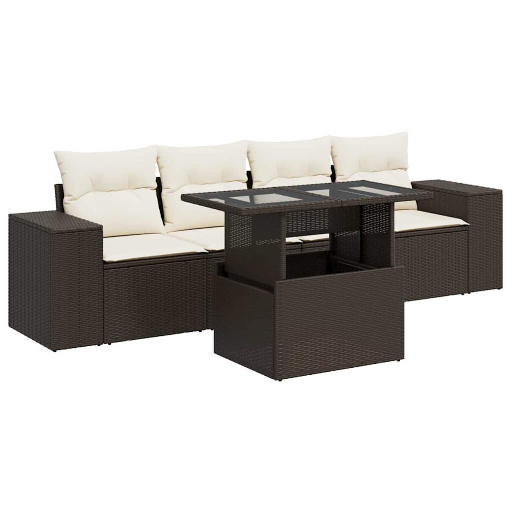 5-tlg. Garten-Sofagarnitur mit Kissen Braun Poly Rattan
