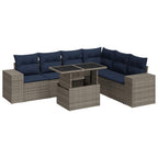 7-tlg. Garten-Sofagarnitur mit Kissen Grau Poly Rattan Akazie