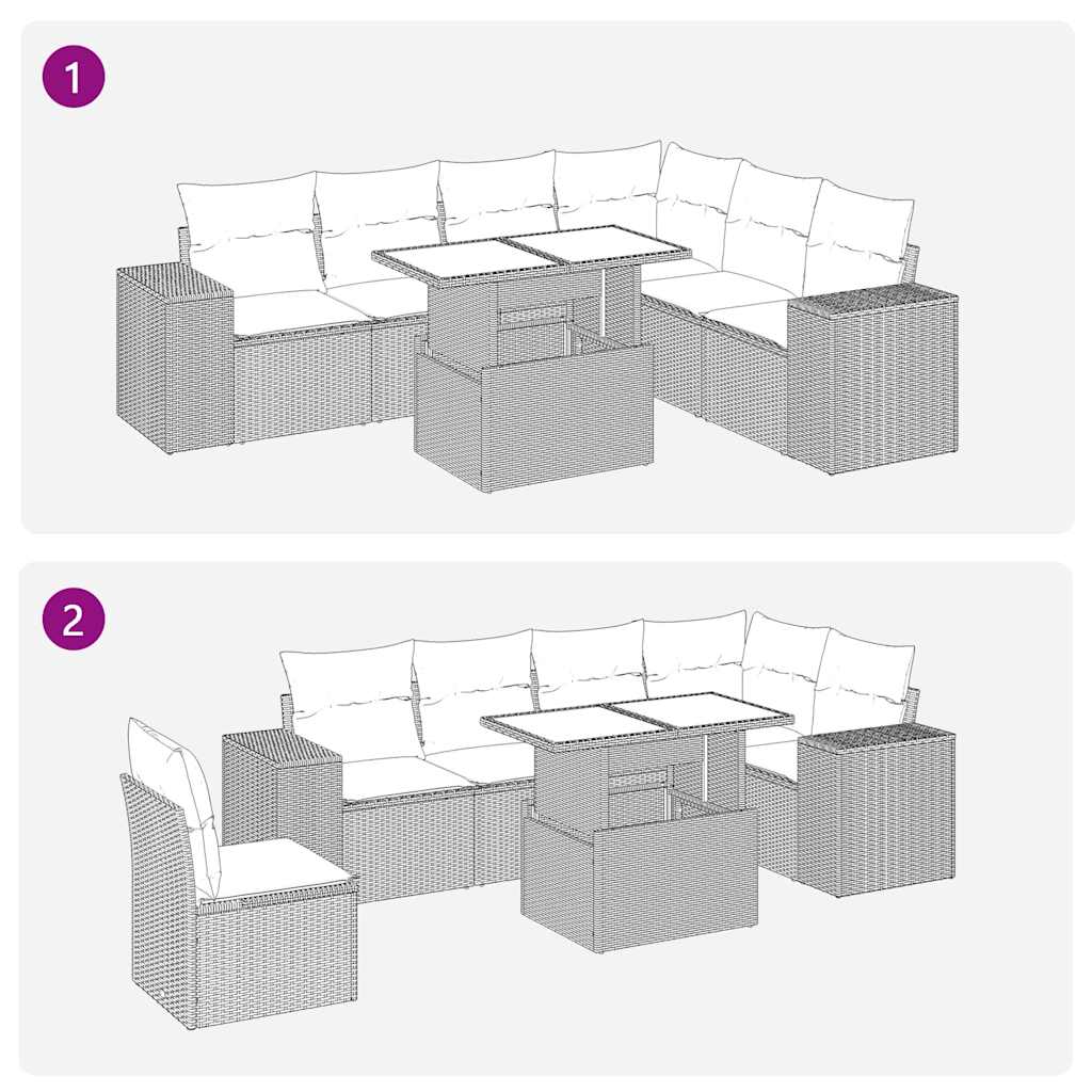 7-tlg. Garten-Sofagarnitur mit Kissen Grau Poly Rattan Akazie
