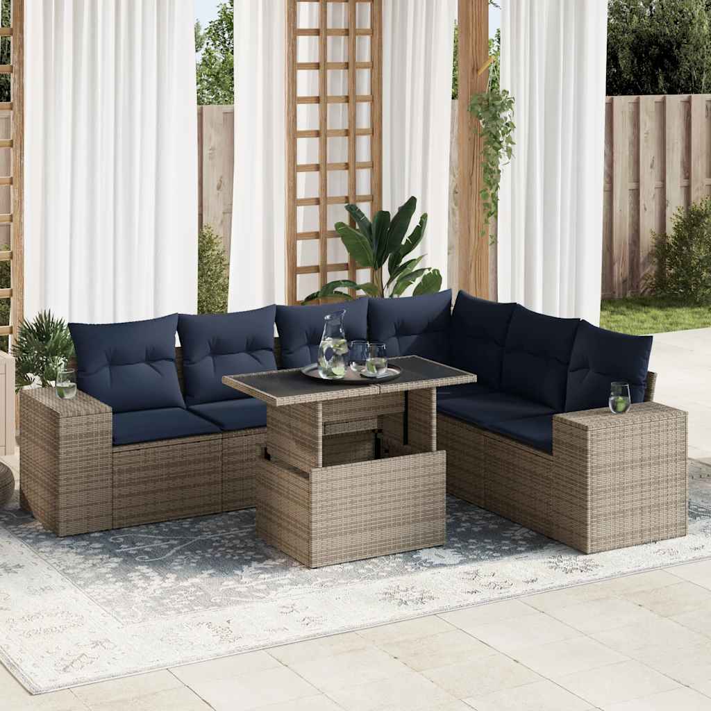 7-tlg. Garten-Sofagarnitur mit Kissen Grau Poly Rattan Akazie