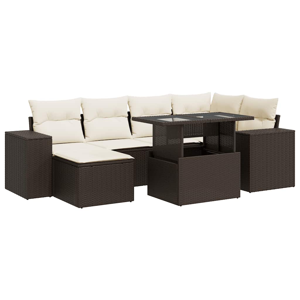 7-tlg. Garten-Sofagarnitur mit Kissen Braun Poly Rattan