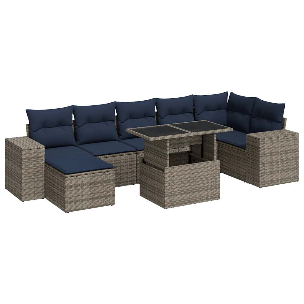 8-tlg. Garten-Sofagarnitur mit Kissen Grau Poly Rattan Akazie