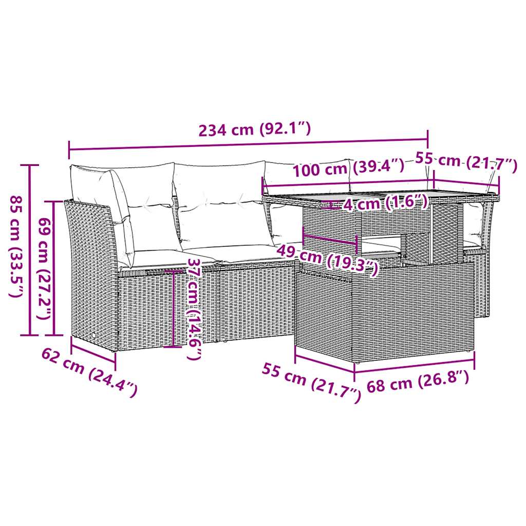 5-tlg. Garten-Sofagarnitur mit Kissen Beige Poly Rattan
