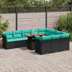 11-tlg. Garten-Sofagarnitur mit Kissen Schwarz Poly Rattan