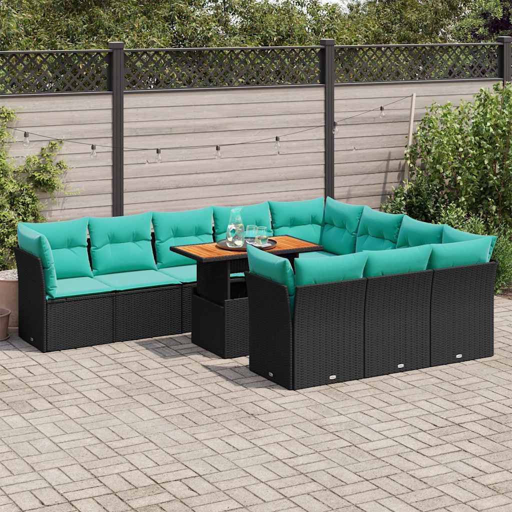 11-tlg. Garten-Sofagarnitur mit Kissen Schwarz Poly Rattan