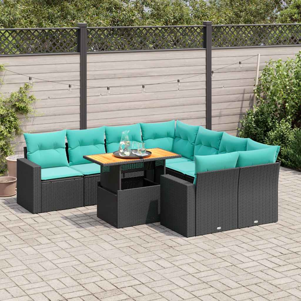 9-tlg. Garten-Sofagarnitur mit Kissen Schwarz Poly Rattan