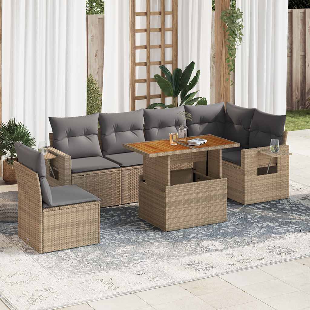 7-tlg. Garten-Sofagarnitur mit Kissen Beige Poly Rattan