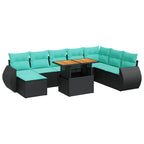 9-tlg. Garten-Sofagarnitur mit Kissen Schwarz Poly Rattan
