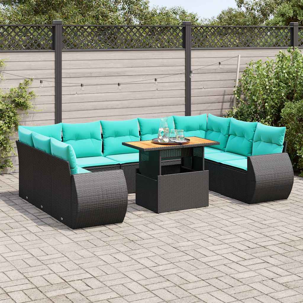 10-tlg. Garten-Sofagarnitur mit Kissen Schwarz Poly Rattan