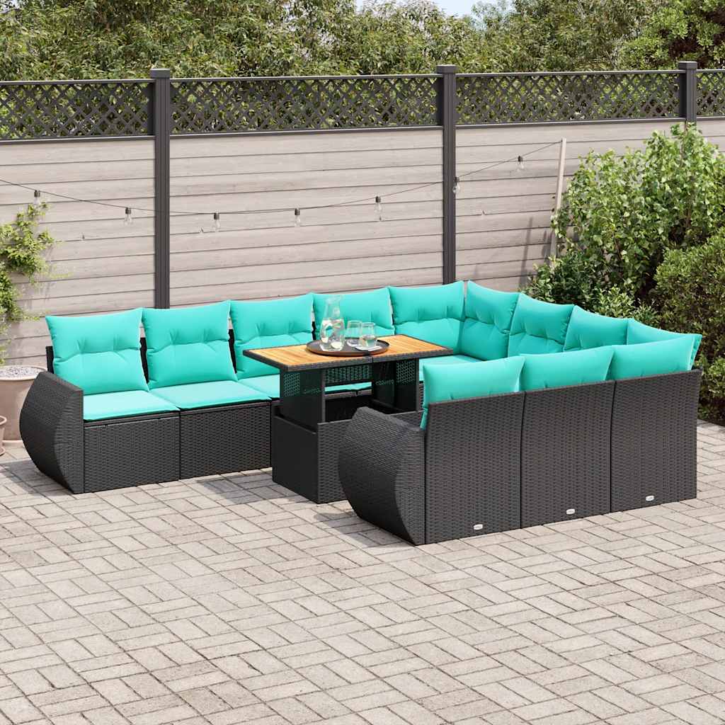11-tlg. Garten-Sofagarnitur mit Kissen Schwarz Poly Rattan