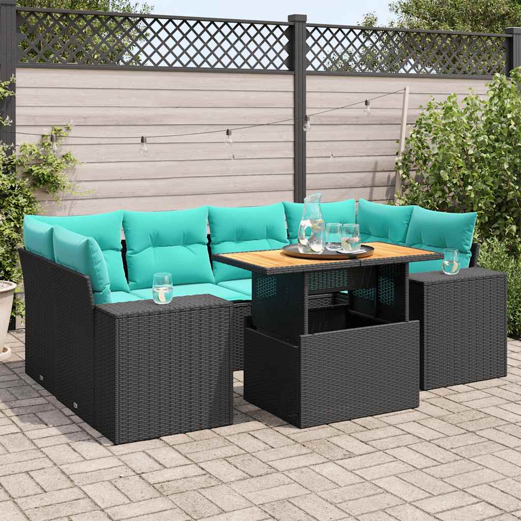 7-tlg. Garten-Sofagarnitur mit Kissen Schwarz Poly Rattan