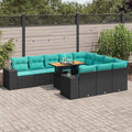 11-tlg. Garten-Sofagarnitur mit Kissen Schwarz Poly Rattan