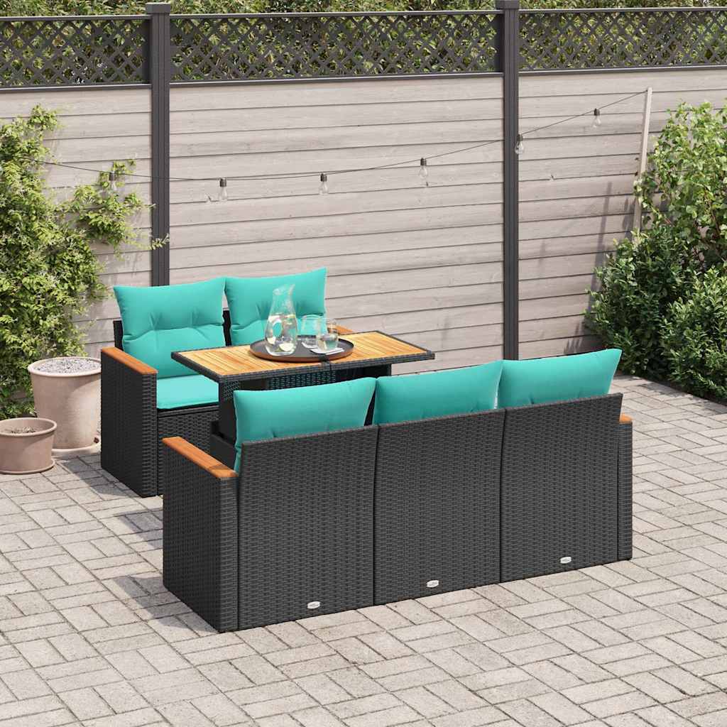 6-tlg. Garten-Sofagarnitur mit Kissen Schwarz Poly Rattan