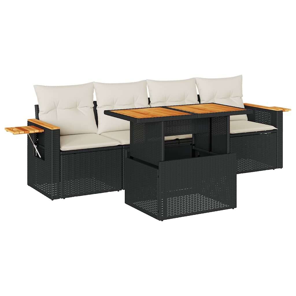 5tlg. Garten-Sofagarnitur mit Kissen Schwarz Poly Rattan Akazie