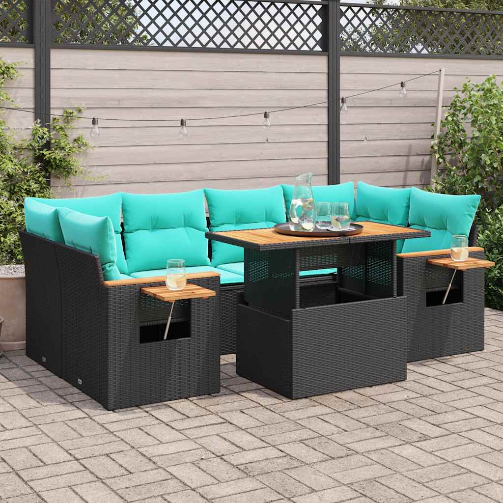 7-tlg. Garten-Sofagarnitur mit Kissen Schwarz Poly Rattan