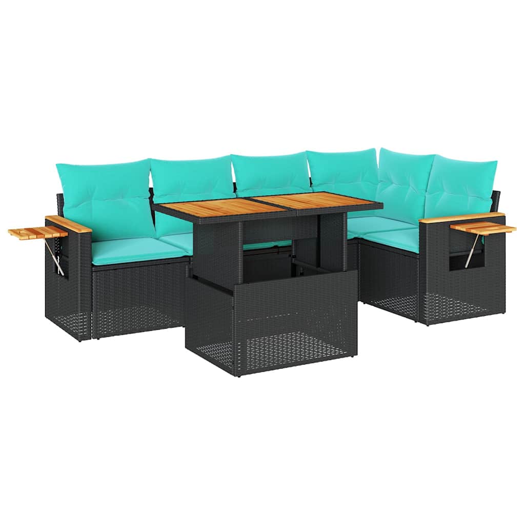 6-tlg. Garten-Sofagarnitur mit Kissen Schwarz Poly Rattan
