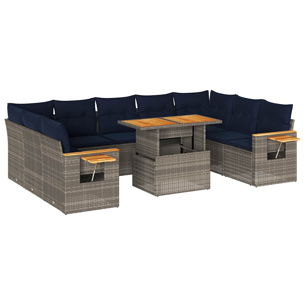 10-tlg. Garten-Sofagarnitur mit Kissen Grau Poly Rattan Akazie