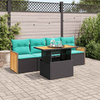 5tlg. Garten-Sofagarnitur mit Kissen Schwarz Poly Rattan Akazie